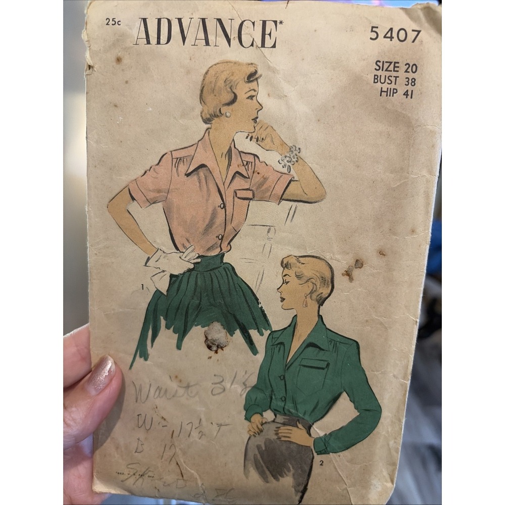 Vintage Advance 5407 Blouse Sewing Pattern Size 20 Bust 38 1930s Cut Complete